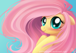 Size: 929x649 | Tagged: safe, artist:joellethenose, derpibooru import, fluttershy, pegasus, pony, big eyes, blushing, cute, ears, female, floppy ears, gradient background, long hair, looking at you, mare, shyabetes, signature, smiling, smiling at you, solo, windswept mane