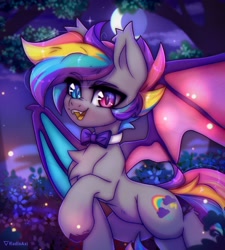 Size: 2786x3100 | Tagged: safe, artist:radioaxi, derpibooru import, oc, oc only, bat pony, pony, bat pony oc, bowtie, chest fluff, cloud, ears, eye clipping through hair, eyebrows, eyebrows visible through hair, floppy ears, glowworm, moon, multicolored hair, open mouth, plant, rainbow hair, rainbow tail, raised hoof, raised leg, shrub, smiling, solo, spread wings, tail, tree, wings