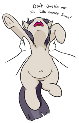 Size: 532x830 | Tagged: safe, artist:jargon scott, derpibooru import, oc, oc only, oc:dot matrix, earth pony, human, pony, belly button, chubby, female, holding a pony, mare, nose in the air, offscreen character, open mouth, pov, simple background, solo focus, underhoof, white background