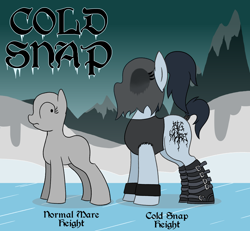 Size: 2996x2768 | Tagged: safe, artist:legendoflink, derpibooru import, oc, oc only, oc:cold snap, earth pony, pony, black metal, blackletter, boots, clothes, earth pony oc, female, ice, mare, mask, reference sheet, shirt, shoes, short tail, sleeveless, snow, standing, tail, wingding eyes, winter, wristband