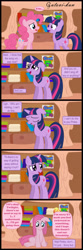 Size: 1615x4877 | Tagged: safe, artist:gutovi, derpibooru import, pinkie pie, trixie, twilight sparkle, unicorn twilight, earth pony, pony, unicorn, comic:grace pinkie, book, bookshelf, cape, clothes, comic, crossover, dialogue, ears, egg, eyes closed, female, floppy ears, gak, golden oaks library, hat, horn, looking down, mare, nickelodeon, parody, pinkamena diane pie, sad, sitting, slime, smiling, speech bubble, text, trixie's cape, trixie's hat, when she doesn't smile
