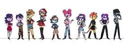 Size: 2500x900 | Tagged: safe, artist:fuckomcfuck, derpibooru import, airheart, applejack, fluttershy, pinkie pie, rainbow dash, rarity, sci-twi, starlight glimmer, sunset shimmer, trixie, twilight sparkle, twilight sparkle (alicorn), alicorn, human, equestria girls, alternate hairstyle, alternate universe, beanie, boots, bubble bomber, clothes, cosplay, costume, cowboy boots, cowboy hat, crossover, devil tail, dressup, fable, fortnite, goggles, hat, haze, humane five, humane seven, humane six, isabelle, malice, maven, pants, rapscallion, rustler, shirt, shoes, shorts, simple background, size difference, t-shirt, tail, twolight, visor, white background, wilde