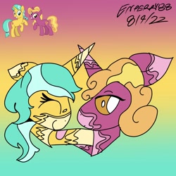 Size: 2048x2048 | Tagged: safe, artist:enperry88, derpibooru import, citrine spark, fire flicker, fire quacker, pony, unicorn, coat markings, duo, duo female, female, friendship student, happy, holding hooves, i ship it, lesbian, looking at each other, looking at someone, love, mare, pinto, quackerdorable, quackerflicker, shipping, shipping fuel, smiling, socks (coat marking)