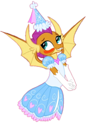 Size: 712x1024 | Tagged: safe, artist:darlycatmake, derpibooru import, smolder, dragon, beautiful, blushing, clothes, cute, dragon wings, dragoness, dress, dressup, female, flattered, froufrou glittery lacy outfit, gloves, happy, hat, hennin, long gloves, looking away, looking up, pretty, princess, princess smolder, simple background, smiling, smolderbetes, solo, transparent background, wings