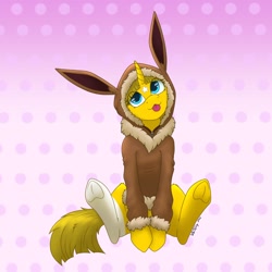 Size: 2800x2800 | Tagged: safe, artist:zackwhitefang, derpibooru import, oc, oc only, pony, unicorn, :p, clothes, costume, eevee, frog (hoof), kigurumi, pokémon, sitting, solo, tongue, tongue out, underhoof