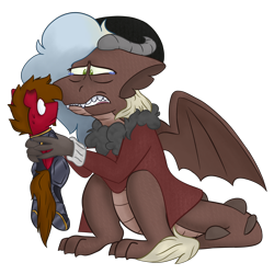 Size: 2200x2200 | Tagged: safe, artist:grandfinaleart, derpibooru import, oc, oc only, oc:mahogany teakwood, oc:rusty nail, dragon, pegasus, pony, fallout equestria, armor, beanie, brown eyes, brown hair, brown mane, clothes, crying, digital art, dragon oc, dragon wings, dragoness, duo, duo male and female, facial hair, fangs, female, folded wings, goatee, green eyes, hat, horns, jacket, male, nervous, nervous sweat, non-pony oc, pegasus oc, red fur, simple background, sitting, size difference, spread wings, stallion, sweat, teary eyes, transparent background, unshorn fetlocks, wings