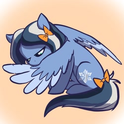 Size: 2048x2048 | Tagged: safe, artist:pfeffaroo, derpibooru import, oc, oc only, pegasus, pony, bow, gradient background, grooming, preening, sitting, solo, spread wings, tail, tail bow, wings