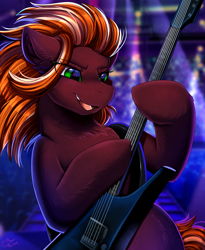 Size: 1446x1764 | Tagged: safe, artist:pridark, derpibooru import, oc, oc only, earth pony, pony, bust, commission, electric guitar, guitar, musical instrument, portrait, rocker, signature, solo