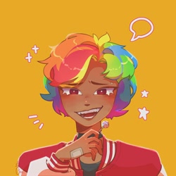 Size: 2000x2000 | Tagged: safe, artist:melancholic_may, derpibooru import, rainbow dash, human, bandage, choker, clothes, eyebrow piercing, eyebrows, eyebrows visible through hair, humanized, jacket, piercing, simple background, solo