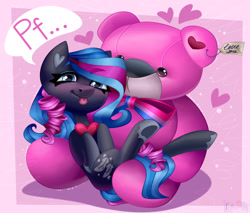 Size: 2000x1700 | Tagged: safe, artist:irinamar, derpibooru import, oc, oc only, oc:obabscribbler, earth pony, pony, :p, plushie, solo, teddy bear, tongue, tongue out