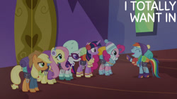 Size: 1280x720 | Tagged: safe, derpibooru import, edit, edited screencap, editor:quoterific, screencap, applejack, fluttershy, pinkie pie, rainbow dash, rarity, twilight sparkle, twilight sparkle (alicorn), alicorn, earth pony, pegasus, pony, unicorn, dungeons and discords, season 6, ^^, applejack's hat, clothes, cowboy hat, cute, dashabetes, eyes closed, female, hat, mane six, mare, open mouth, open smile, raised hoof, raised leg, smiling, text, twilight's castle