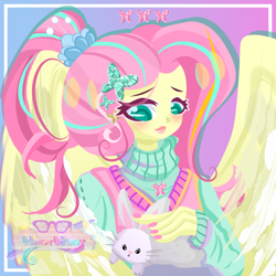 Size: 800x800 | Tagged: safe, artist:windywendy29, derpibooru import, angel bunny, fluttershy, human, rabbit, alternate hairstyle, angel is a bunny bastard, animal, blushing, clothes, cute, female, humanized, nail polish, petting, pony coloring, shyabetes, solo, sweater, sweatershy, winged humanization, wings