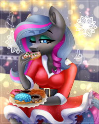 Size: 2000x2500 | Tagged: safe, artist:irinamar, derpibooru import, oc, oc only, oc:obabscribbler, anthro, christmas, donut, food, holiday, solo