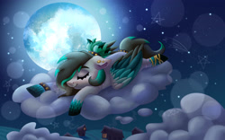 Size: 4000x2500 | Tagged: safe, artist:irinamar, derpibooru import, oc, oc only, pegasus, pony, cloud, lying down, lying on a cloud, moon, on a cloud, sleeping, smiling, solo