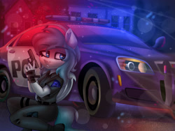 Size: 4000x3000 | Tagged: safe, artist:irinamar, derpibooru import, oc, oc only, anthro, bat pony, bat pony oc, car, clothes, glock, glock 17, gun, handgun, pistol, police, police car, short sleeves, solo, vehicle, weapon