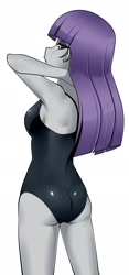 Size: 961x2048 | Tagged: safe, alternate version, artist:batipin, artist:nekojackun, derpibooru import, part of a set, maud pie, equestria girls, boulder buns, breasts, butt, clothes, eyeshadow, looking back, makeup, one-piece swimsuit, rear view, redraw, sideboob, simple background, solo, swimsuit, trace, white background