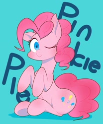 Size: 1913x2313 | Tagged: safe, artist:noupu, derpibooru import, pinkie pie, earth pony, pony, blue background, ears, female, floppy ears, looking at you, mare, one ear down, one eye closed, simple background, sitting, smiling, smiling at you, solo, wink, winking at you