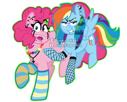 Size: 2500x2000 | Tagged: safe, artist:queertrixie, derpibooru import, pinkie pie, rainbow dash, earth pony, pegasus, pony, alternate hairstyle, clothes, duo, duo female, female, fishnets, grin, jewelry, lesbian, makeup, obtrusive watermark, piercing, pinkiedash, punk, scenecore, sharp teeth, shipping, simple background, smiling, socks, stockings, striped socks, teeth, thigh highs, transparent background, watermark
