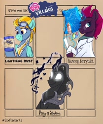 Size: 1715x2048 | Tagged: safe, artist:rutkotka, derpibooru import, lightning dust, pony of shadows, tempest shadow, pegasus, pony, unicorn, amputee, glowing, glowing horn, horn, magic, prosthetics, six fanarts, telekinesis