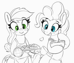 Size: 1280x1089 | Tagged: safe, artist:pabbley, derpibooru import, applejack, pinkie pie, earth pony, pony, 30 minute art challenge, apron, bakery, bipedal, bowl, clothes, cute, diapinkes, duo, female, food, heart, jackabetes, mare, muffin, simple background, smiling, white background