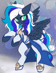 Size: 1792x2335 | Tagged: safe, artist:hydrargyrum, derpibooru import, oc, oc only, oc:flaming dune, pegasus, pony, clothes, cute, dress, female, full body, green eyes, looking at you, mare, multicolored mane, multicolored tail, pegasus oc, rearing, shoes, smiling, smiling at you, snow, snowfall, solo, spread wings, stockings, tail, thigh highs, wings