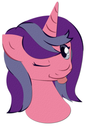 Size: 388x571 | Tagged: safe, artist:jitterbug-cafe, derpibooru import, oc, oc:melody (jitterbug-cafe), pony, unicorn, bust, female, mare, one eye closed, portrait, simple background, solo, tongue, tongue out, transparent background, tumblr:jitterbug cafe, wink