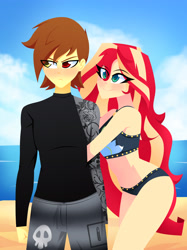 Size: 2443x3264 | Tagged: safe, artist:xan-gelx, derpibooru import, sunset shimmer, oc, equestria girls, bare shoulders, beach, clothes, commission, duo, eye clipping through hair, female, heterochromia, looking at someone, male, sleeveless, smiling, straight, sunset shimmer's beach shorts swimsuit, swimsuit