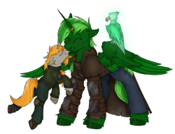 Size: 3000x2300 | Tagged: safe, artist:molars, derpibooru import, alicorn, balefire phoenix, phoenix, pony, unicorn, fallout equestria, apocalypse, armor, artificial alicorn, ashes town, commission, couple, green alicorn (fo:e), horn, horn ring, kissing, married, ring, simple background, size difference, transparent background, underhoof, unshorn fetlocks