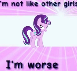Size: 828x768 | Tagged: safe, artist:ponyfigures, derpibooru import, starlight glimmer, pony, unicorn, bedroom eyes, butt, female, glimmer glutes, grin, looking at you, looking back, looking back at you, mare, meme, op has a point, plot, rear view, s5 starlight, smiling, smiling at you, solo, text