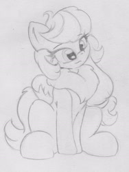 Size: 1728x2304 | Tagged: safe, artist:zemer, derpibooru import, oc, oc only, oc:feather belle, pegasus, chest fluff, cute, fluffy, hair tie, ocbetes, sitting, solo, traditional art