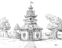 Size: 1100x843 | Tagged: safe, artist:baron engel, derpibooru import, architecture, carousel boutique, grass, house, monochrome, no pony, pencil drawing, scenery, signed, tent, traditional art, tree