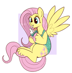 Size: 763x768 | Tagged: safe, artist:lulubell, derpibooru import, fluttershy, pegasus, pony, clothes, drinking, drinking straw, hoof hold, one-piece swimsuit, raised hoof, raised leg, solo, spread wings, swimsuit, wings