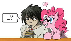 Size: 1507x875 | Tagged: safe, artist:blood-asp0123, derpibooru import, pinkie pie, earth pony, human, pony, anime, cake, crossover, death note, duo, female, food, l, male, simple background, transparent background