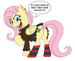 Size: 2056x1679 | Tagged: safe, artist:blood-asp0123, derpibooru import, fluttershy, pegasus, pony, butt, choker, clothes, ear piercing, earring, female, flutterbitch, jewelry, open mouth, piercing, plot, raised hoof, raised leg, simple background, socks, solo, speech bubble, spiked choker, transparent background