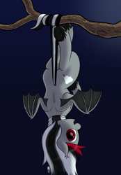 Size: 3000x4303 | Tagged: safe, artist:registereduser, derpibooru import, oc, oc only, oc:colorless, bat pony, pony, bat pony oc, bat wings, fangs, female, gradient background, high res, looking at you, looking back, looking back at you, mare, open mouth, open smile, rear view, smiling, smiling at you, solo, spread wings, tree branch, upside down, wings