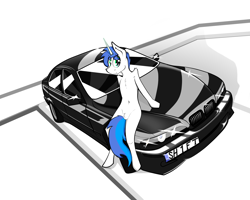 Size: 5000x4000 | Tagged: safe, artist:bumskuchen, derpibooru import, oc, oc:shifting gear, semi-anthro, unicorn, bmw, bmw m3 e46, car, casual nudity, nudity, simple background, solo, vehicle