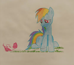 Size: 1280x1117 | Tagged: safe, derpibooru import, rainbow dash, balloon, balloon popping, crying, grass, popping, sad, simple background, traditional art, tragedy