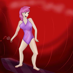 Size: 3000x3000 | Tagged: safe, artist:holomouse, derpibooru import, berry punch, berryshine, human, alcohol, clothes, female, humanized, one-piece swimsuit, solo, surfboard, surfing, swimsuit, wine