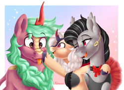 Size: 2700x1980 | Tagged: safe, artist:maeveadair, derpibooru import, oc, oc only, oc:sahara_(kirin), oc:selketo, oc:valentora, bat pony, hybrid, kirin, pony, boop, bowtie, clothes, dress, ear piercing, earring, family, father and child, father and son, female, hug, interspecies offspring, jewelry, male, mare, mother and child, mother and son, noseboop, offspring, open mouth, open smile, parent and child, parent:oc:selketo, parent:oc:valentora, piercing, scar, smiling, unshorn fetlocks, wingless, wingless bat pony