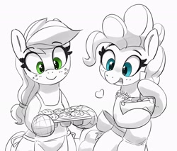 Size: 3029x2578 | Tagged: safe, artist:pabbley, derpibooru import, applejack, pinkie pie, earth pony, pony, apron, baking, bipedal, bowl, clothes, duo, female, floating heart, food, grayscale, hatless, heart, hoof hold, mare, missing accessory, mixing bowl, monochrome, muffin, neo noir, open mouth, open smile, oven mitts, partial color, simple background, smiling, white background