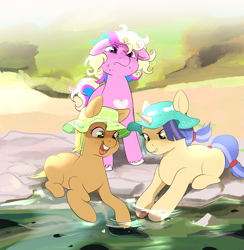 Size: 2163x2212 | Tagged: safe, artist:aztrial, derpibooru import, oc, oc only, oc:bitterroot rose, oc:primp, oc:prink, earth pony, pony, unicorn, body freckles, bucktooth, female, filly, foal, fraternal twins, freckles, hat, high res, lying down, magical lesbian spawn, offspring, open mouth, open smile, parent:applejack, parent:princess cadance, parent:rarity, parent:shining armor, parents:rarijack, parents:shiningcadance, prone, siblings, sisters, smiling, tadpole, trio, twins