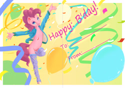 Size: 3508x2480 | Tagged: safe, artist:deiviantart, artist:stratodraw, derpibooru import, pinkie pie, anthro, earth pony, unguligrade anthro, abstract background, arms in the air, balloon, birthday card, clothes, confetti, female, from:, gift art, hand, happy, happy birthday, hoodie, hooves, jacket, leg warmers, looking at you, mare, open clothes, open jacket, open mouth, open smile, smiling, smiling at you, socks, solo, streamers, to