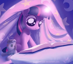 Size: 1440x1260 | Tagged: safe, artist:joellethenose, derpibooru import, smarty pants, twilight sparkle, unicorn twilight, pony, unicorn, 2014, blanket, book, bookhorse, cute, female, filly, filly twilight sparkle, foal, glowing, glowing horn, horn, old art, pillow, plushie, reading, signature, sitting, solo, twiabetes, younger