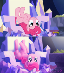 Size: 1000x1125 | Tagged: safe, artist:joellethenose, derpibooru import, edit, edited screencap, screencap, pinkie pie, earth pony, pony, the lost treasure of griffonstone, 2015, comparison, cute, discovery family, discovery family logo, female, grin, logo, mare, old art, redraw, scene interpretation, signature, smiling, solo, twilight's castle, upside down