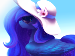 Size: 1920x1440 | Tagged: safe, artist:joellethenose, derpibooru import, princess luna, alicorn, pony, 2016, cute, ethereal mane, female, flower, hat, lunabetes, mare, missing accessory, old art, outdoors, signature, solo, starry mane, sun hat, sunglasses