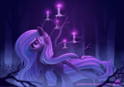 Size: 1700x1200 | Tagged: safe, artist:joellethenose, derpibooru import, oc, oc only, oc:soul whisperer, pony, 2015, candle, fog, forest, leonine tail, night, old art, solo, tail