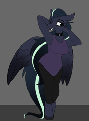 Size: 2216x3012 | Tagged: safe, artist:arume_lux, derpibooru import, oc, oc only, oc:arkessa, anthro, pegasus, unguligrade anthro, anthro oc, choker, clothes, fangs, female, gray background, mare, one eye closed, pants, simple background, solo, tanktop, wings