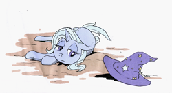 Size: 1280x694 | Tagged: safe, artist:darkhestur, derpibooru import, trixie, pony, unicorn, clothes, depressed, depression, hat, lying down, marker, sad, simple background, solo, the sad and depresive trixie, traditional art, trixie's hat