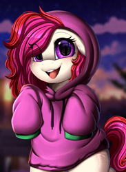 Size: 2601x3549 | Tagged: safe, artist:pridark, derpibooru import, oc, oc only, oc:merry, earth pony, pony, bipedal, clothes, commission, earth pony oc, freckles, high res, hoodie, looking at you, open mouth, ych result