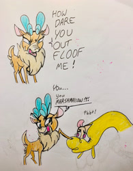 Size: 2160x2775 | Tagged: safe, artist:littlemissyxdl, derpibooru import, paprika paca, velvet reindeer, alpaca, deer, reindeer, them's fightin' herds, angry, community related, duo, eyebrows, frown, high res, insult, jealous, open mouth, silly, traditional art